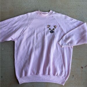 Vintage Pink Crewneck Sweater with Embroidered Cat Detail